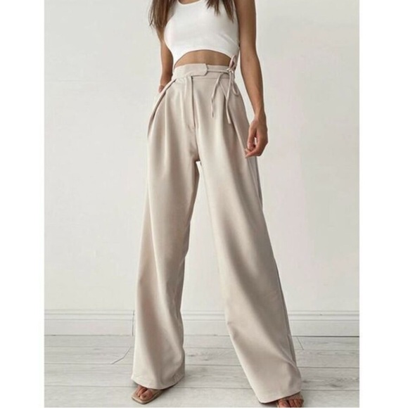NWT Commense Palazzo Tied Wide Leg Dress Pants Size Small Tan Tie Detail - Picture 1 of 6